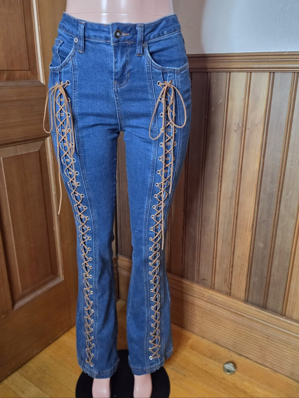 Hot Topic Dark Indigo Brown Lace Up Flare Jeans 30" - Picture 3 of 5